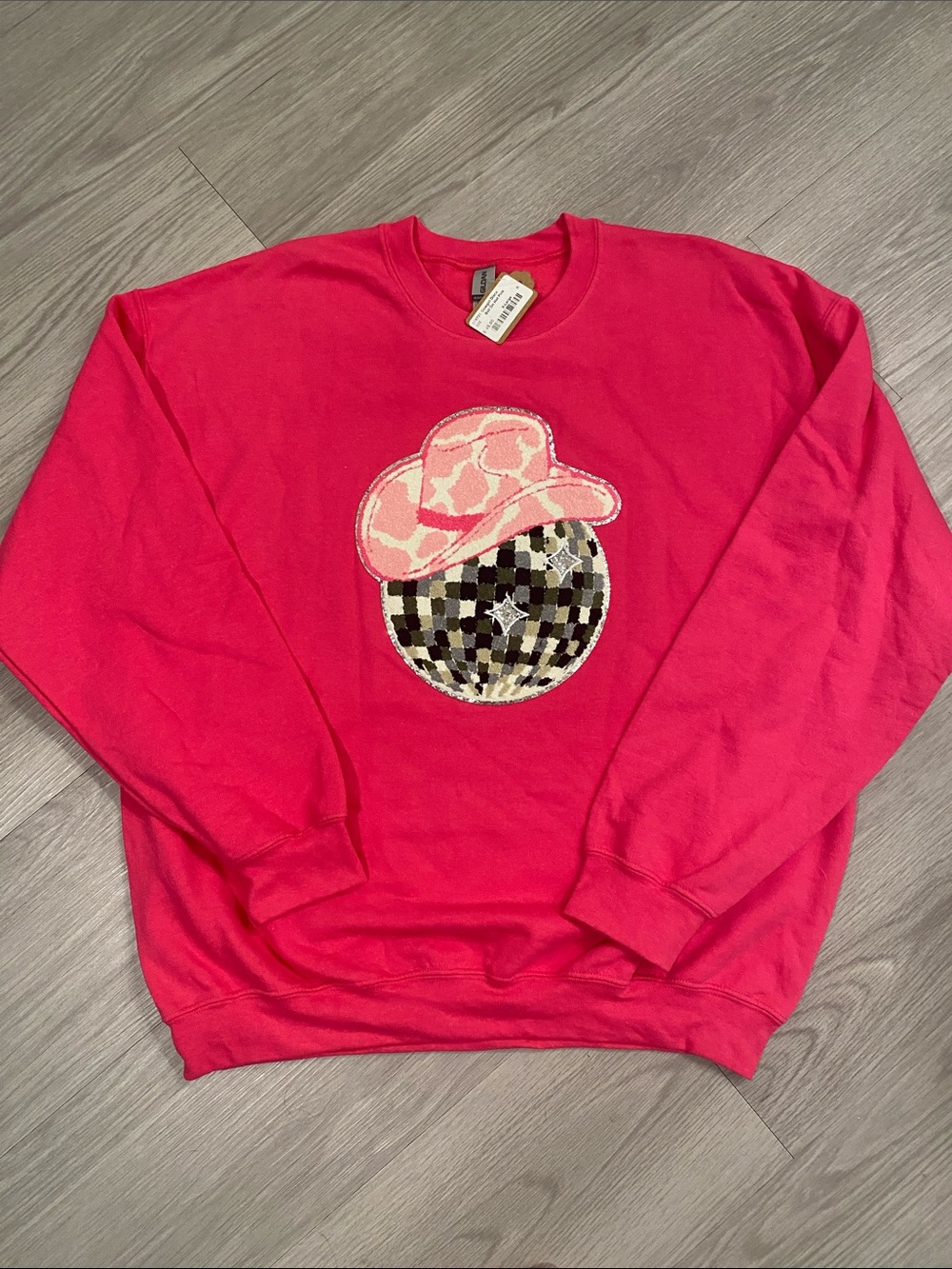 Gildan Pink Crewneck Sweatshirt with Sequin Disco Cowgirl Patch